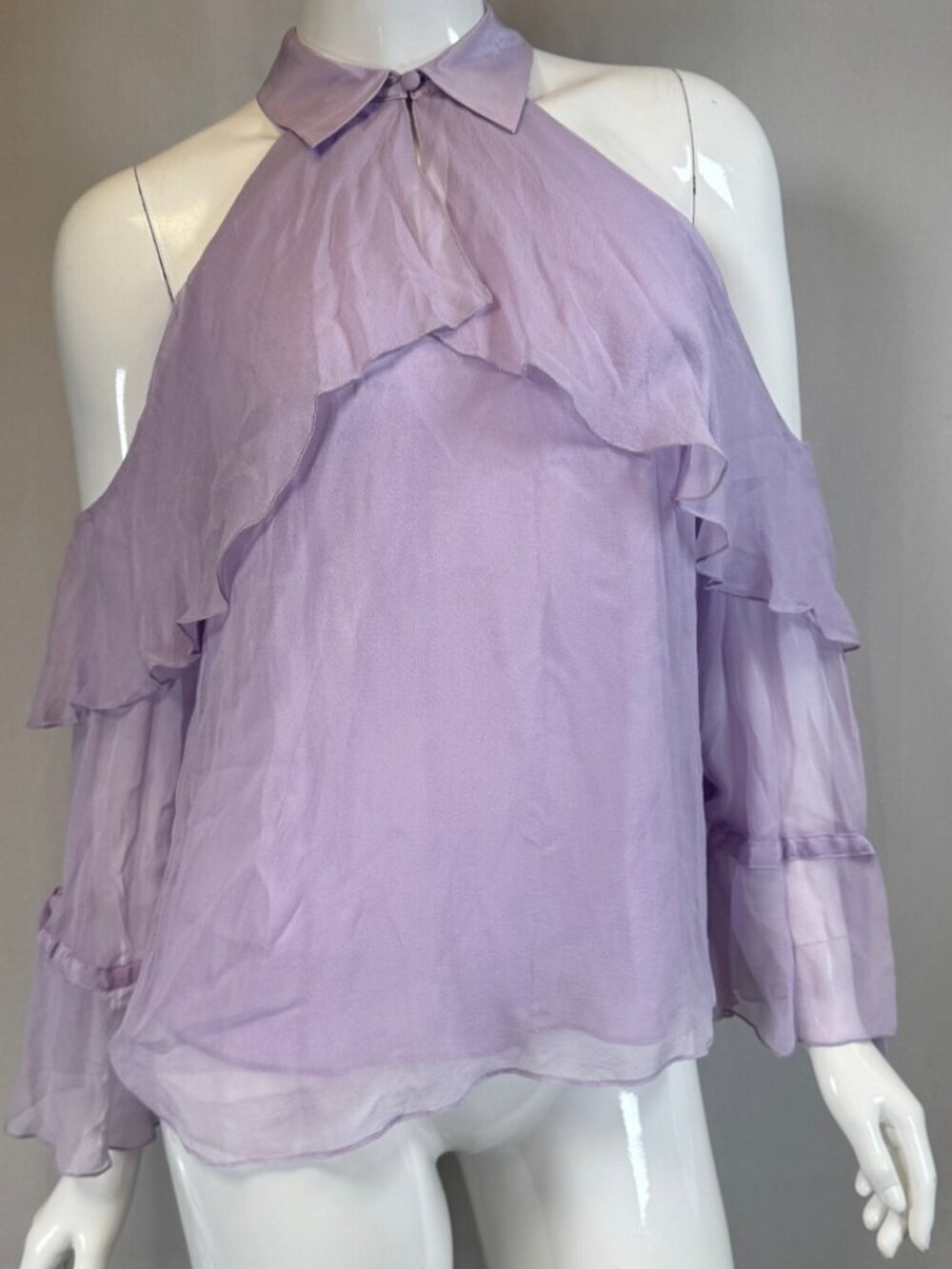 NWT Alice+Olivia Women's Blayne Cold Shoulder Ruffle Silk Blouse Lilac XS